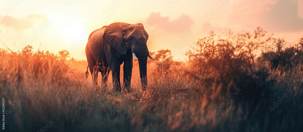 Poster elephant in golden hour light walking through grassland with sunset in background copy space