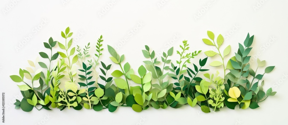 Poster vibrant arrangement of various green leaves and plants on white background with ample copy space for