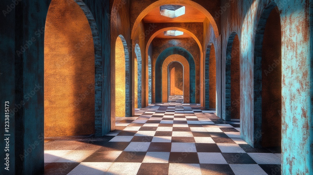 Aufkleber Architectural corridor with arches and checkered floor in warm tones, featuring light reflections and Copy Space for text placement.