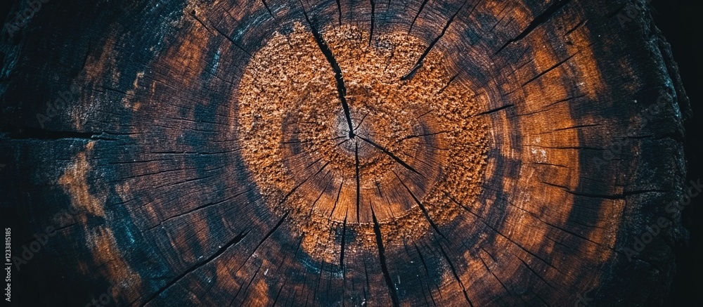Poster detailed close-up of tree stump cross-section displaying growth rings with rich brown and orange tex