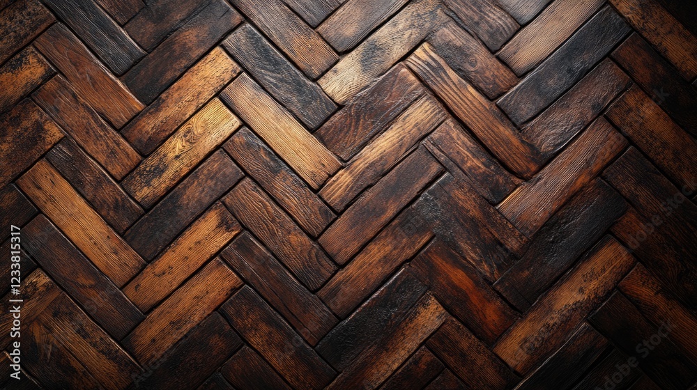Poster Dark wooden herringbone pattern textured background with rich color variations provides ample copy space for text placement