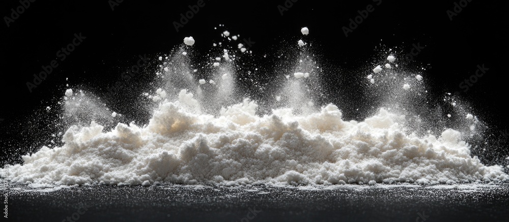Poster White powder explosion on black background with swirling dust and particles creating dynamic movement and texture with copy space.