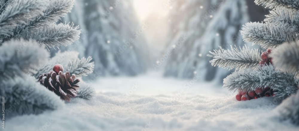 Poster frosty winter landscape with snow-covered pine trees and decorative pine cones with copy space for t