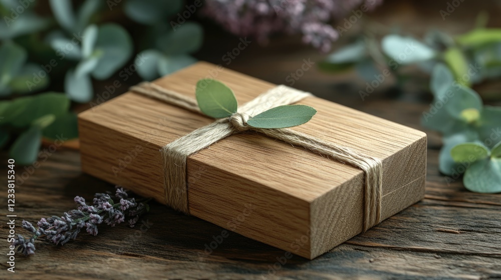 Poster wooden gift box wrapped with natural twine and greenery on rustic wooden surface with copy space for