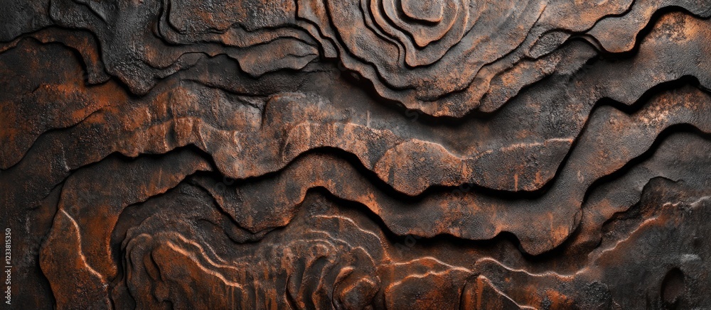 Poster Textured wood surface with carved patterns and grooves in shades of brown and black suitable for backgrounds with copy space.