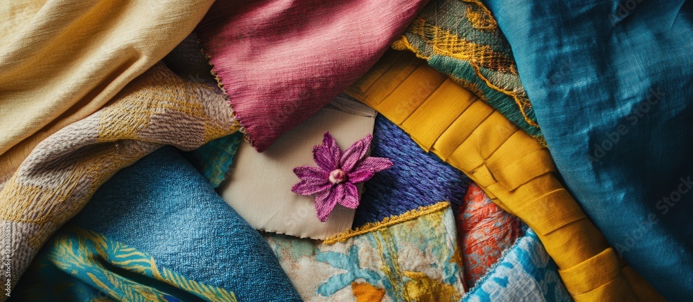 Poster colorful fabric textiles with floral decoration overlapping layers and texture copy space