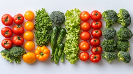 Colorful assortment of fresh vegetables arranged neatly on a white background