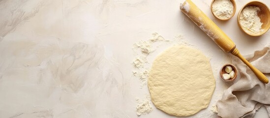Baking scene with rolled dough on a countertop, wooden rolling pin, and bowls of flour, natural light, Copy Space for text placement