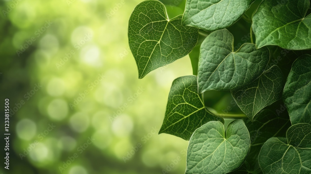Aufkleber close-up of green ivy leaves with a blurred natural background and copy space for text insertion.
