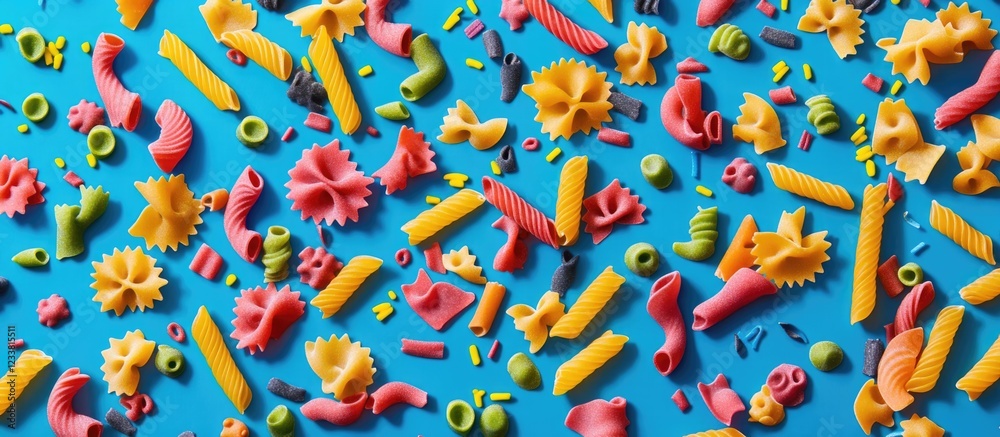 Poster colorful assortment of uncooked pasta shapes on a vibrant blue background with copy space for text p