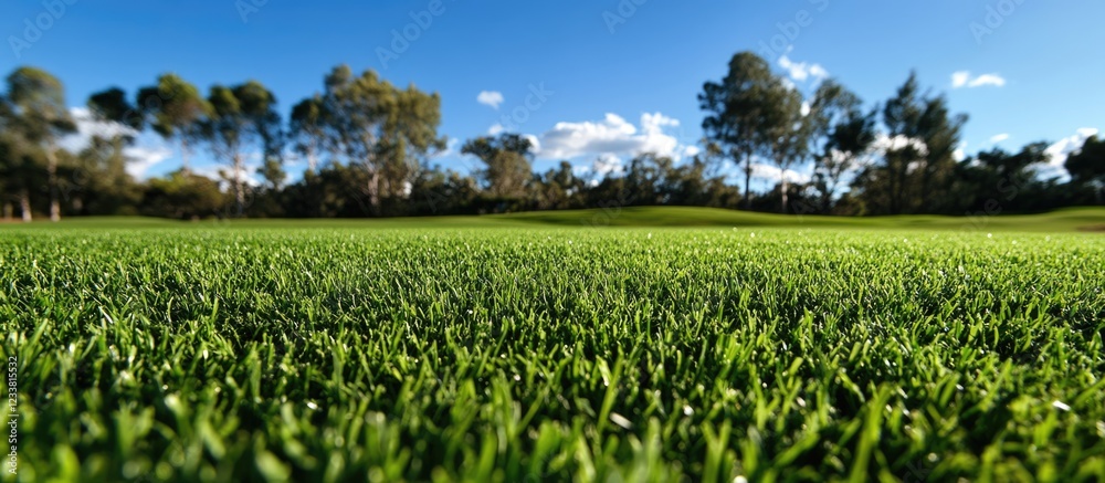 Poster lush green grass on a golf course under a clear blue sky with trees in the background copy space