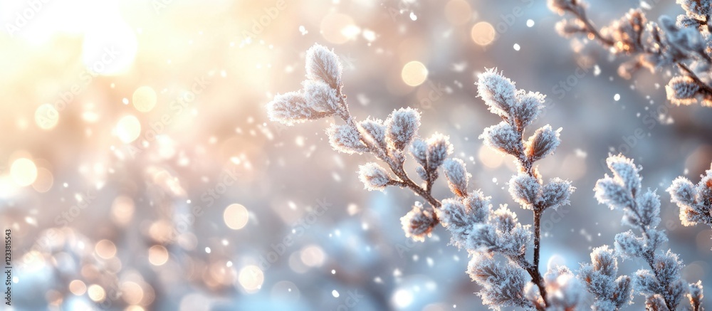 Poster Frost covered branches with sunlight and bokeh background creating a winter atmosphere with copy space for text