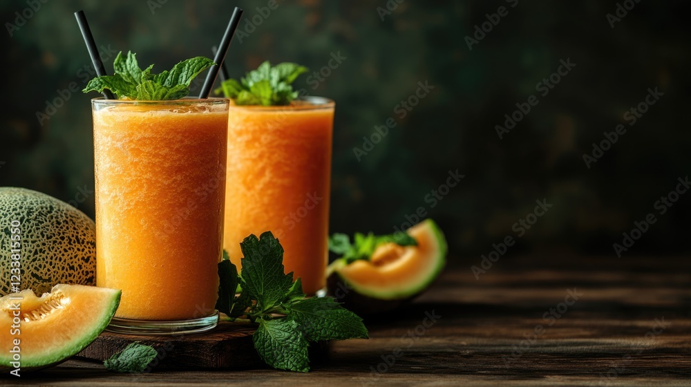 Poster fresh melon smoothie drinks in glasses with mint leaves and melon slices on a wooden table with dark