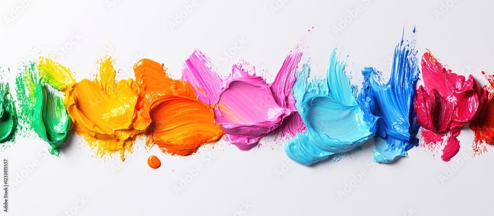 Poster Colorful paint splashes arranged in a horizontal line on a white background with Copy Space for text placement.