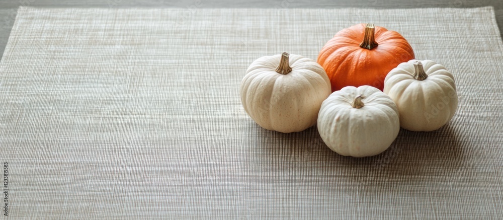 Poster assorted pumpkins on a neutral textured background with copy space for seasonal decoration or autumn