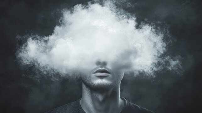A surreal, abstract representation of a man with a white cloud in place of his head, symbolizing a dreamy or imaginative state.