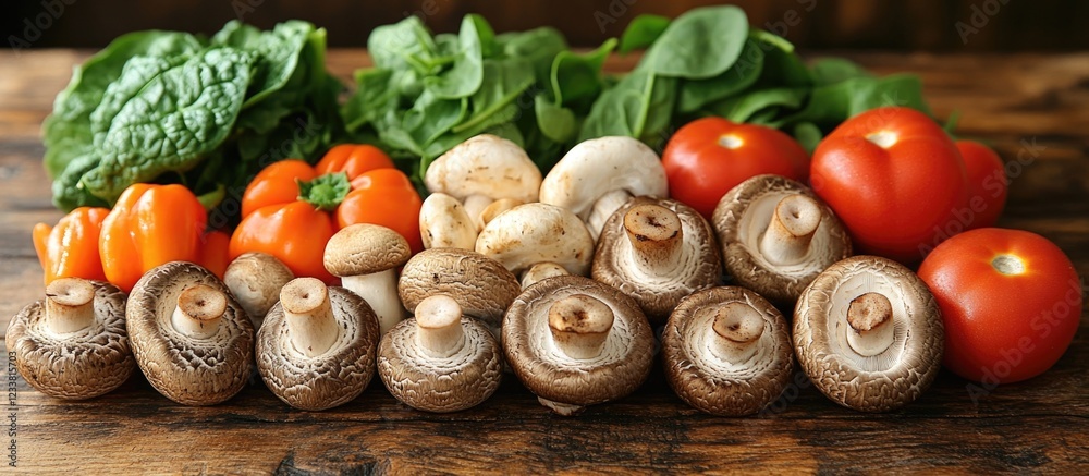 Aufkleber fresh assorted vegetables including mushrooms, tomatoes, and spinach on a wooden surface with copy s