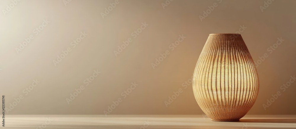 Poster Elegant wooden vase with ribbed texture illuminated from inside against a soft beige background with ample copy space.