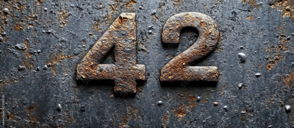 Poster rusty metal plate featuring the number 42 with texture details and a weathered appearance copy space