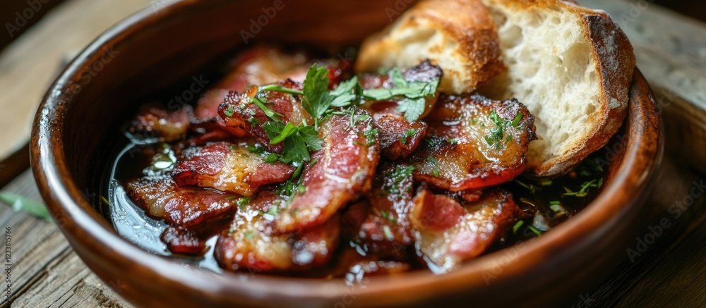 Poster crispy bacon pieces served in a rustic clay bowl with fresh herbs and crusty bread on a wooden table