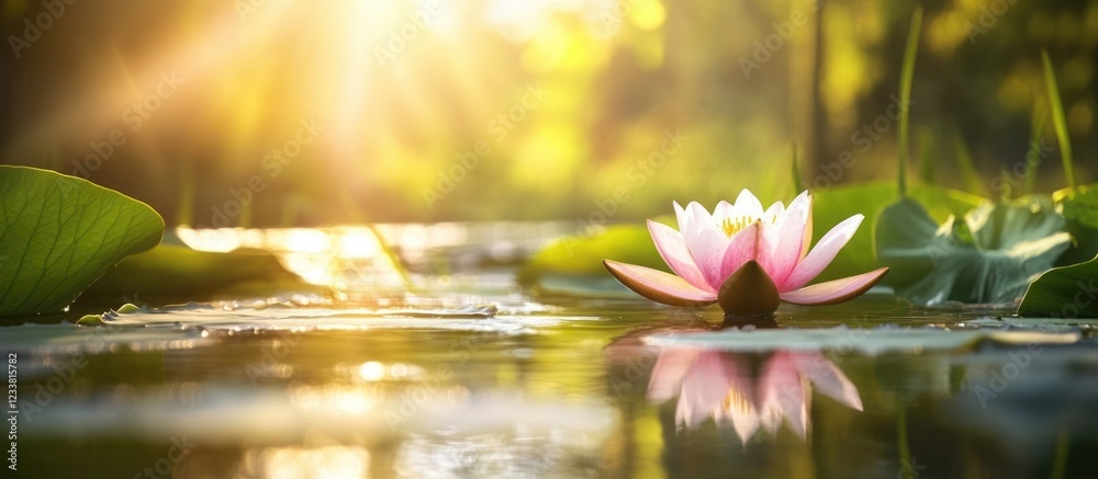 Aufkleber Lotus flower on calm water surface with green lily pads illuminated by soft sunlight in a tranquil natural setting Copy Space