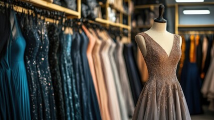 Obraz premium Elegant evening gown displayed in a boutique surrounded by various dress styles and colors Copy Space