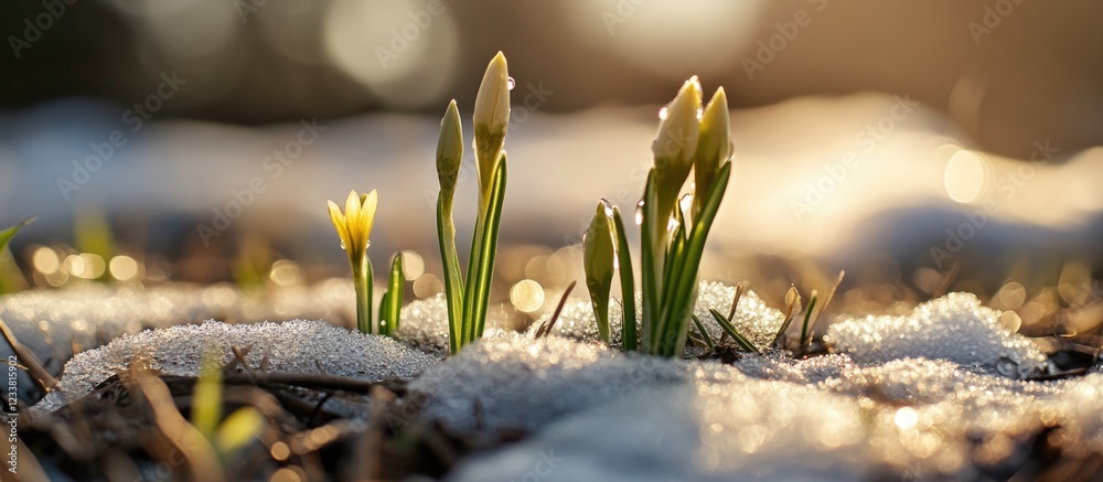 Poster spring flowers emerging from snow with soft sunlight and natural bokeh background copy space