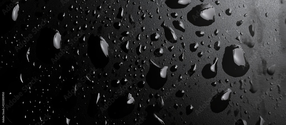 Poster Close-up of water droplets on a dark surface with a smooth texture and reflective qualities Copy Space