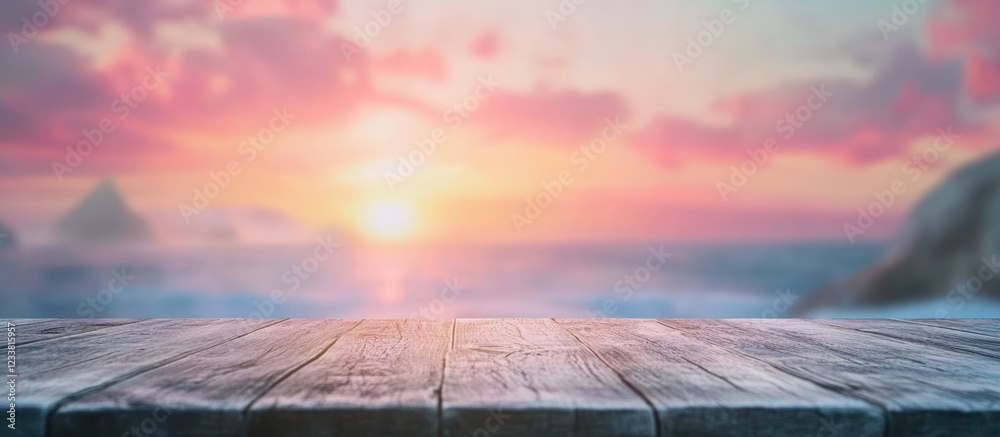 Poster Sunset over ocean with wooden table in foreground and soft clouds in sky Copy Space