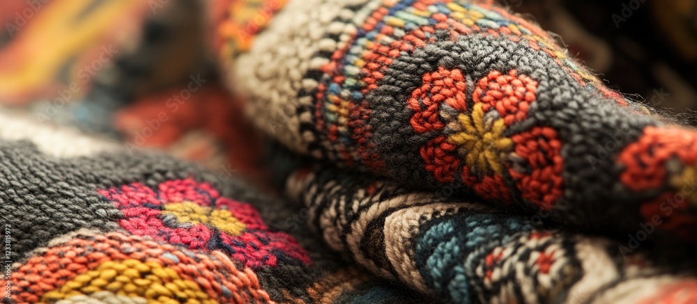 Aufkleber close-up of intricately patterned textile fabric with colorful floral designs and rich textures on a