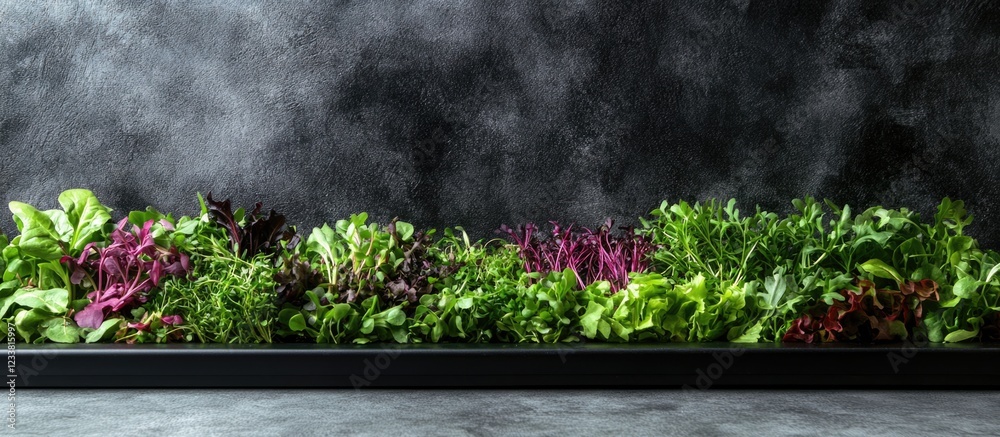 Poster Fresh assorted leafy greens displayed against a textured dark background with copy space for text placement.