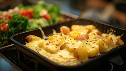 Baked potato dish with cheese and herbs in a black baking tray alongside a fresh mixed salad on a blurred background Copy Space