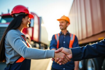 Collaboration in Logistics: Two Professionals Shake Hands with Trucks in Background, Signifying Partnership and Progress in the Transportation Industry