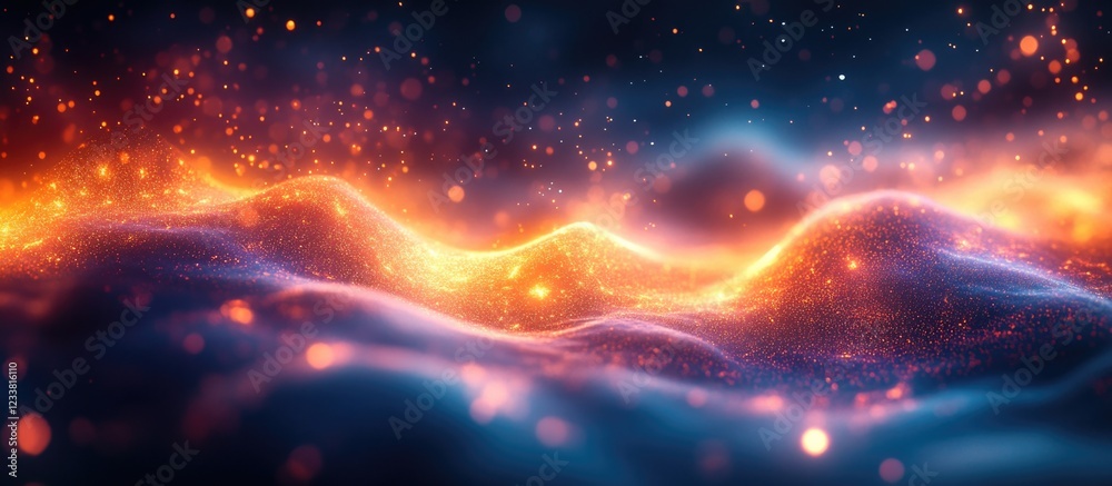Fototapete Abstract glowing waves with sparkles and gradients in a dark background with copy space for text