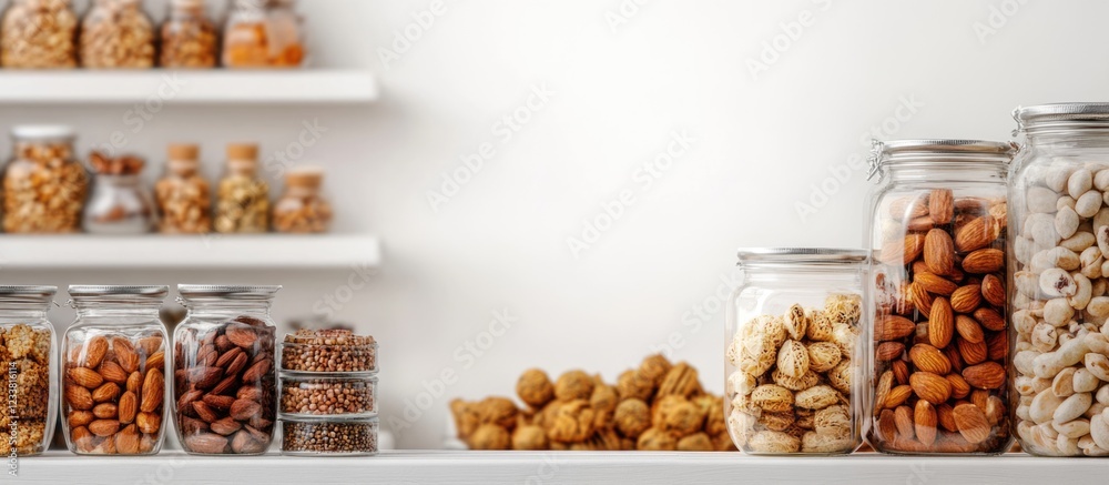 Poster Assorted nuts and dried fruits in glass jars on wooden shelf with copy space for text