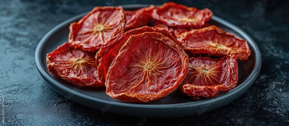 Poster dried orange slices arranged on a dark plate with a textured background copy space