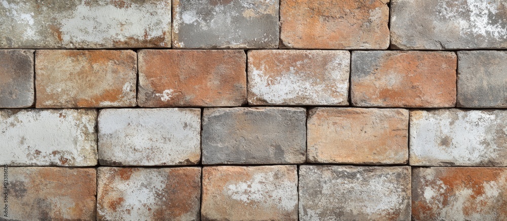 Poster textured vintage brick wall with various colors and weathered appearance ideal for background and co