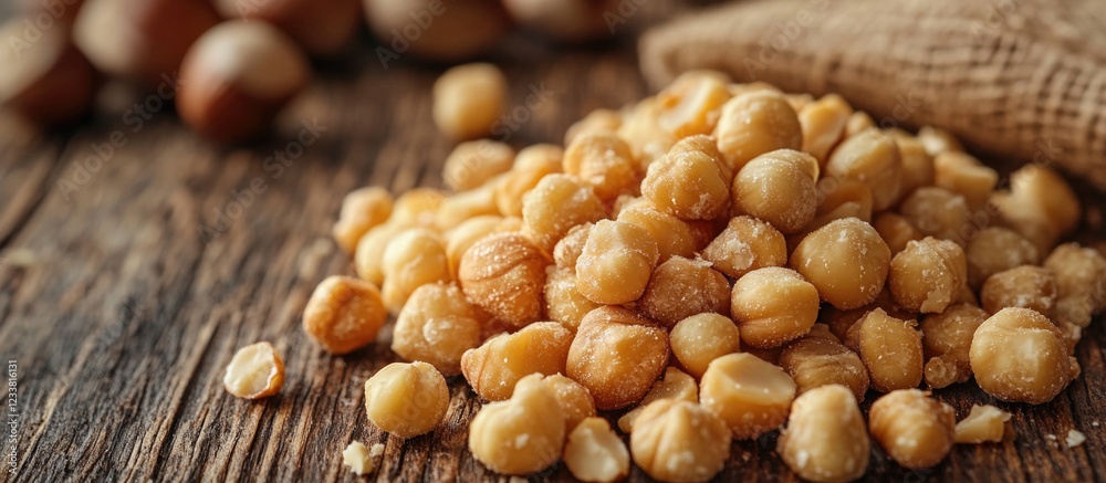 Poster chickpeas and hazelnuts on rustic wooden surface with burlap sack in background copy space