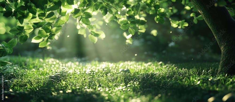Poster sunlight filtering through green leaves onto lush grass ground with copy space for text