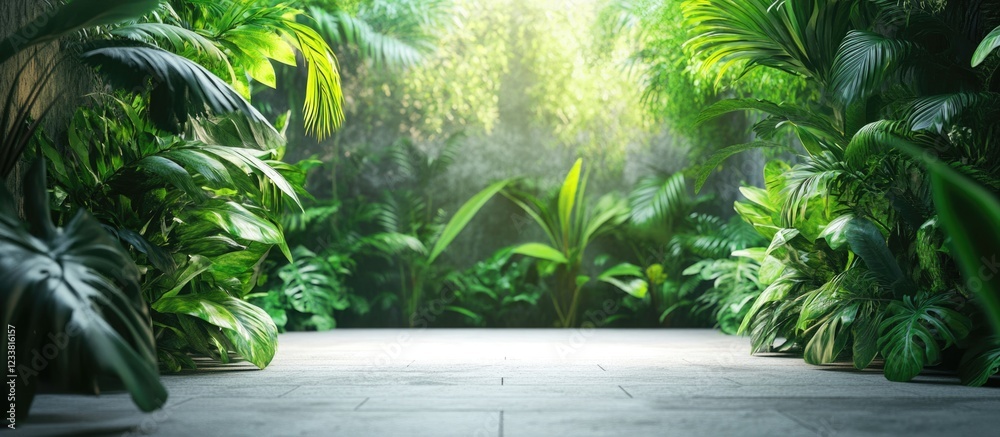Poster lush tropical foliage with a well-lit pathway in a garden or rainforest setting copy space