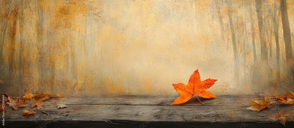 Poster autumn scene with single orange maple leaf on wooden surface against blurred fall foliage background