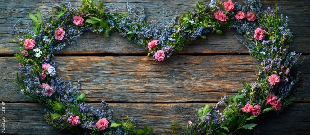 Poster floral heart shape arrangement with colorful flowers on rustic wooden background with copy space for