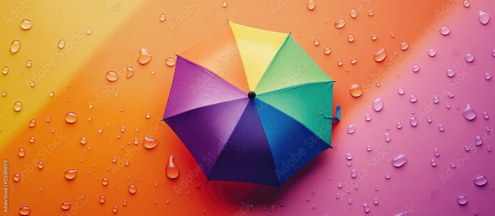 Poster Colorful umbrella on a wet gradient background with water droplets and Copy Space for text placement