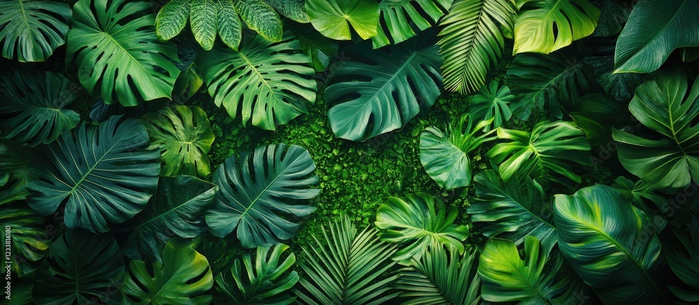 Poster lush green tropical leaves background with variety of shapes and textures featuring ample copy space