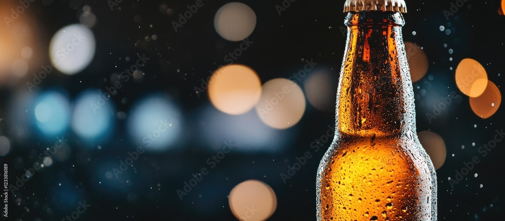 Poster golden beer bottle with condensation against a blurred background of colorful bokeh lights copy spac