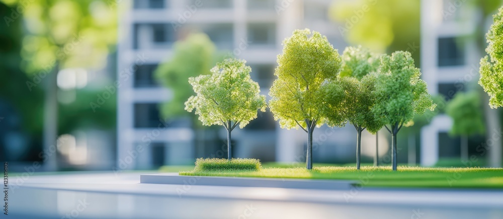 Poster urban park concept with greenery and trees in a modern city setting soft focus background with copy 