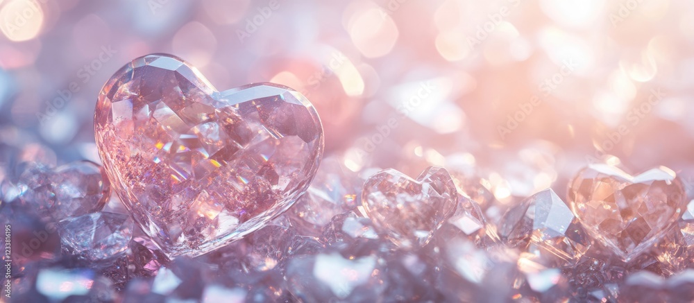Poster Glittering crystal heart on sparkling background with out of focus light reflections and Copy Space