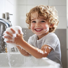 Young child enjoys washing hands with soap and water in a bright bathroom setting