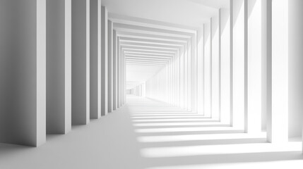 Obraz premium A serene white background with smooth curves and soft shadows, showcasing minimalist elegance, Simple and elegant white background enhanced by vertical striped shadows for a sophisticated touch,