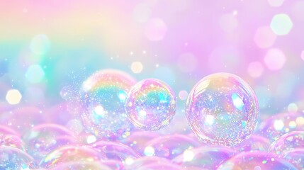 Soft pastel bubbles shimmer against a dreamy background, creating a whimsical and serene atmosphere filled with light and color.